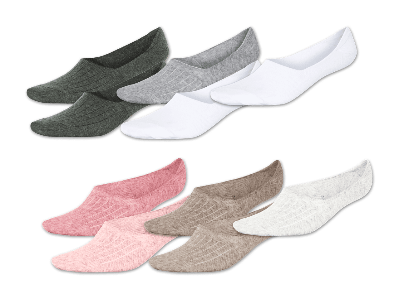 Sechs Paar Damen-Kniestrümpfe in Grau, Weiß, Rosa und Beige.