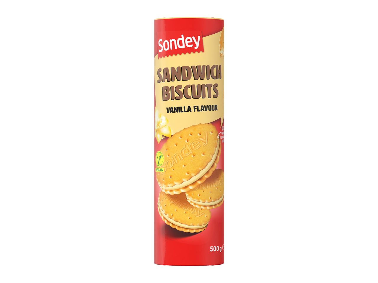 Biscuiți sandwich Sondey cu aromă de vanilie, 500g.