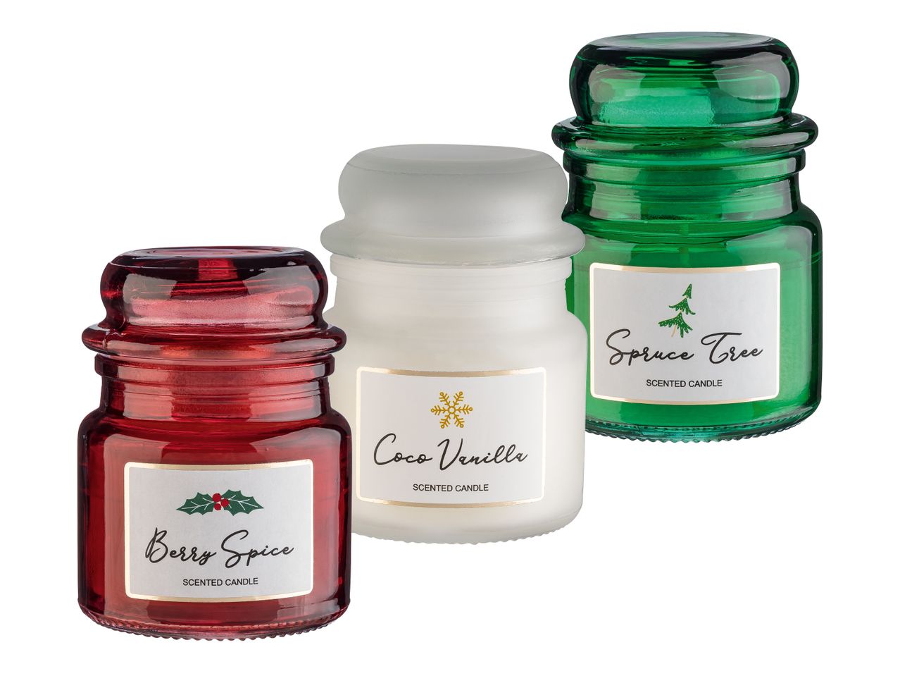 Drei Duftkerzen in Glasgefäßen: Rot (Berry Spice), Weiß (Coco Vanilla), Grün (Spruce Tree).