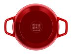 Red cooking pot with handles, showing various cooking hob compatibility symbols on the base.