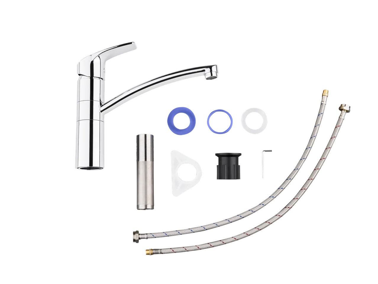 Chrome faucet with installation parts and flexible hoses.