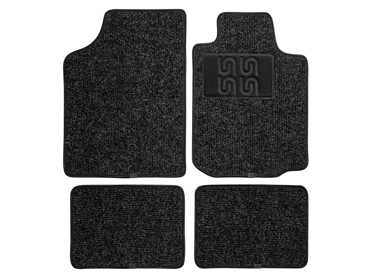 Set of four black and grey car floor mats with a textured surface and a logo on one mat.