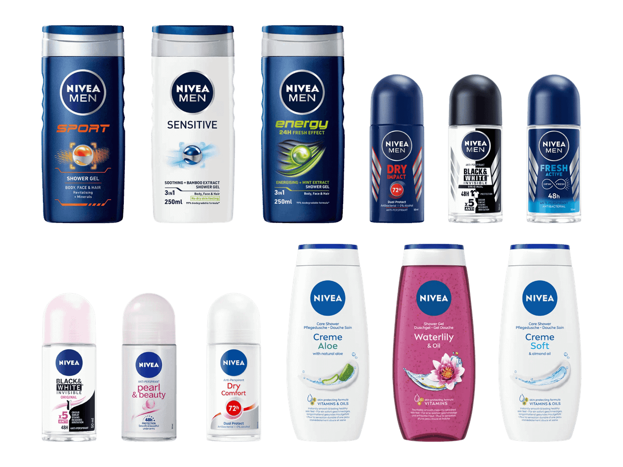 Nivea-tuotteiden valikoima, mukaan lukien suihkugeelejä ja deodorantteja.