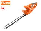 Orange electric hedge trimmer with a long blade, 18+ age restriction symbol.