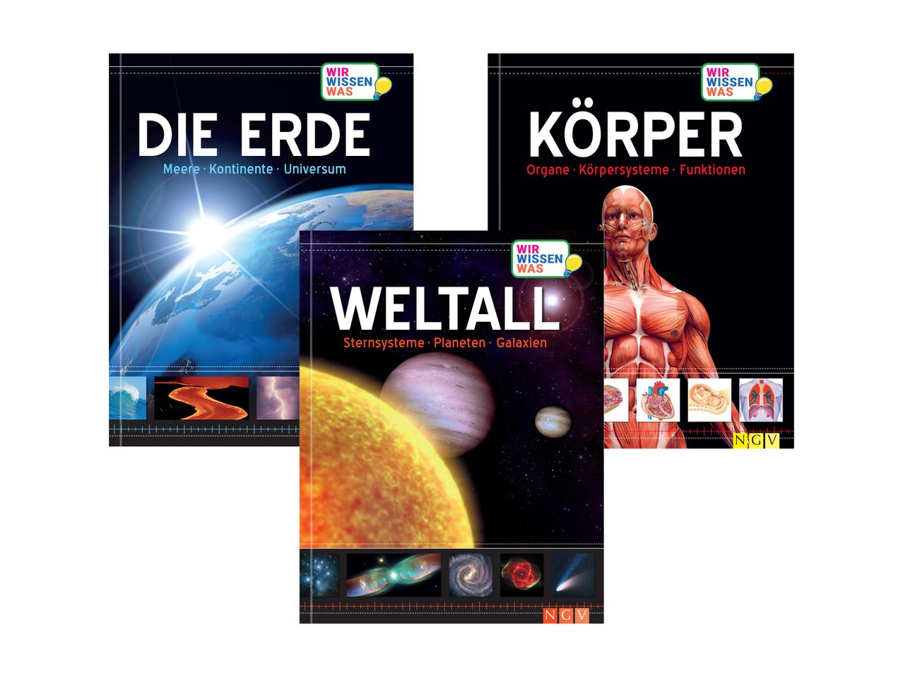 Drei Bücher der Reihe „Wir wissen was“ über Erde, Körper und Weltall.