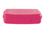 Pink plastic lunch box with a hinged lid and secure clasp.