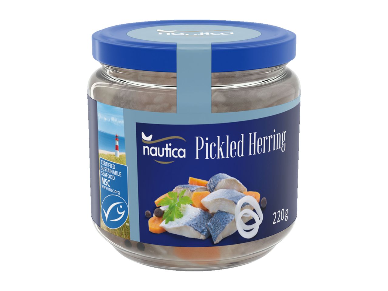 A jar of Nautica Pickled Herring with carrots, onions, and peppercorns.