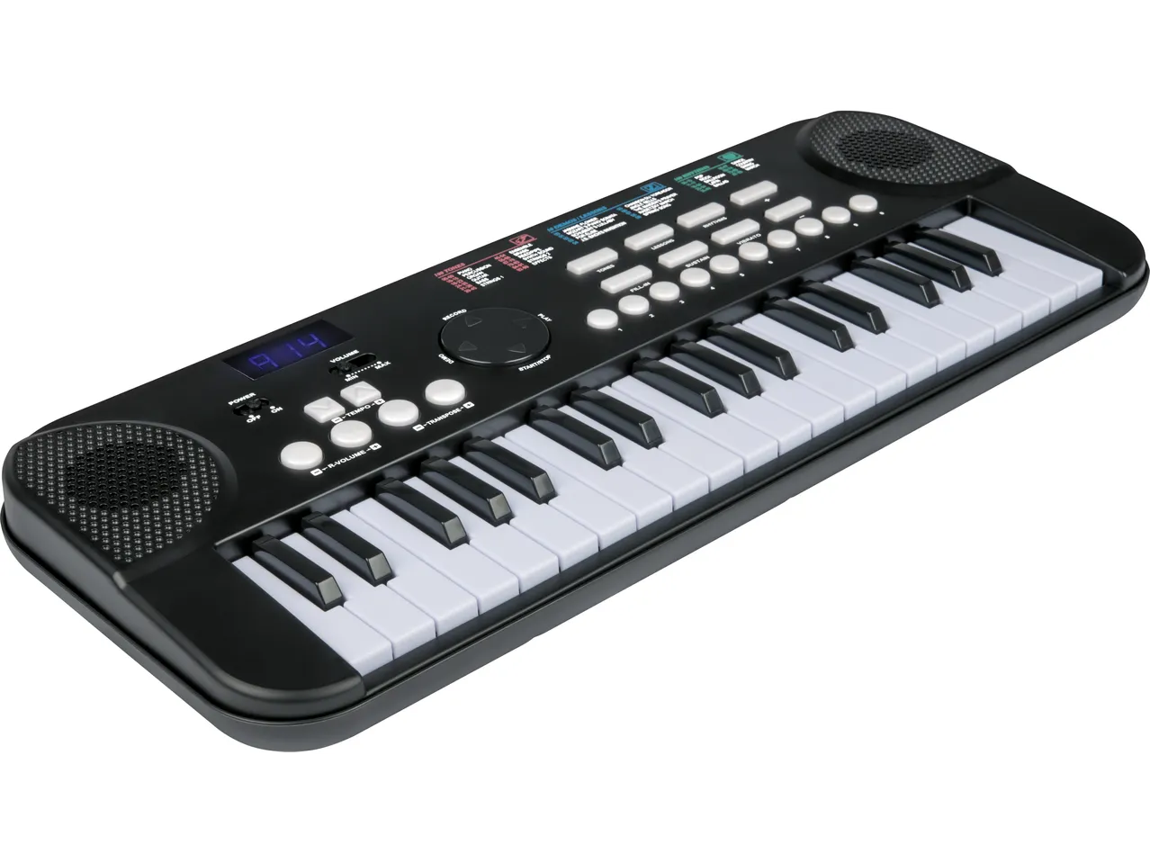 Must algajate süntesaator valgete ja mustade klahvide, nuppude ja digitaalse ekraaniga.