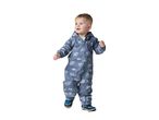 Toddler in a blue waterproof overall with vehicle patterns, looking up and to the right.