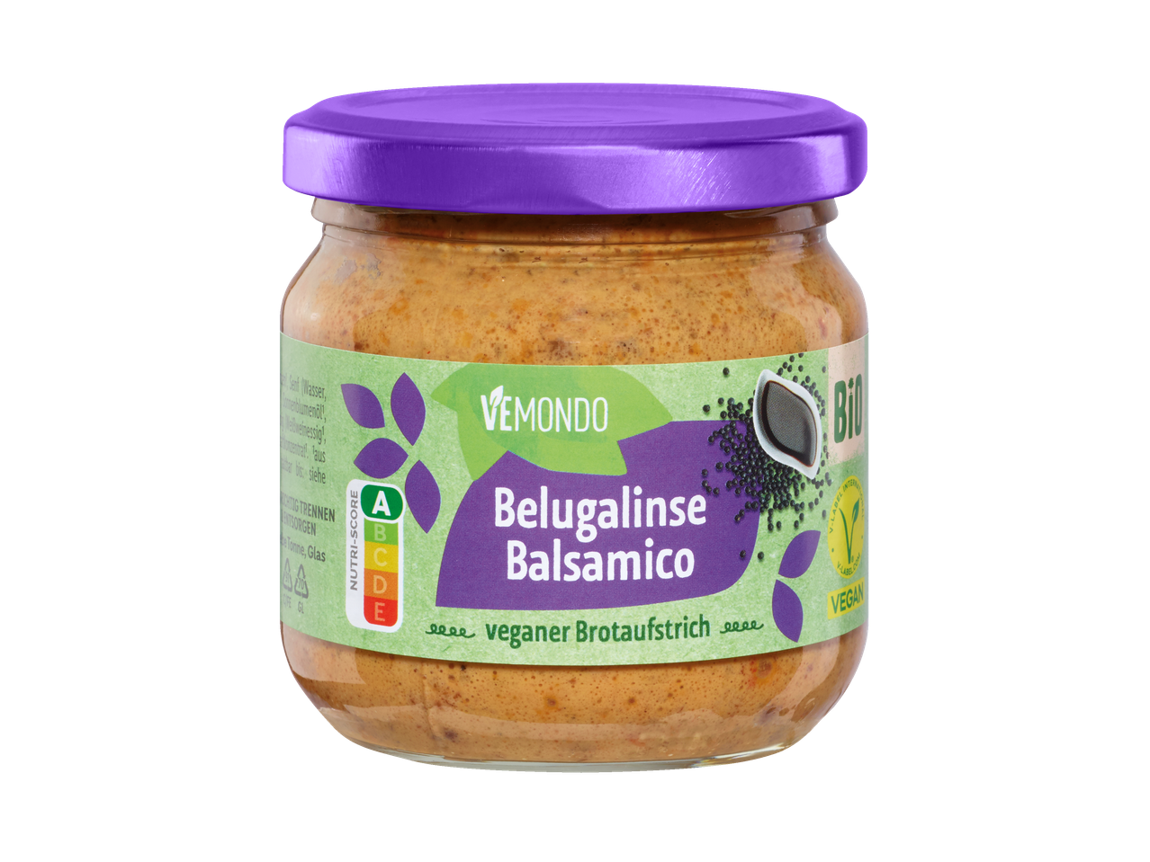 Glas Vemondo Belugalinse Balsamico veganer Brotaufstrich.