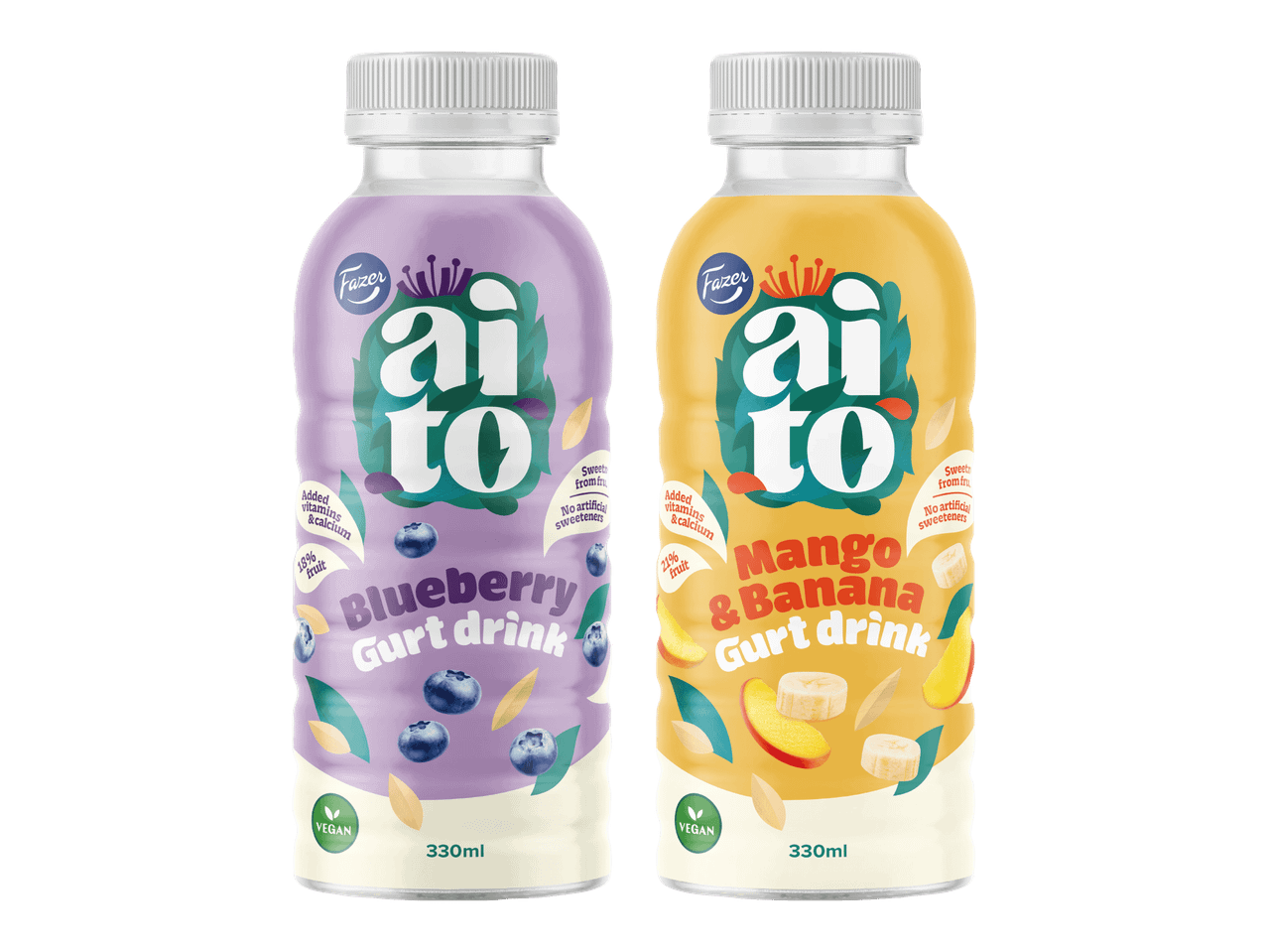 Kaksi vegaanista hedelmäjuomaa: mustikka ja mango-banaani, 330 ml.