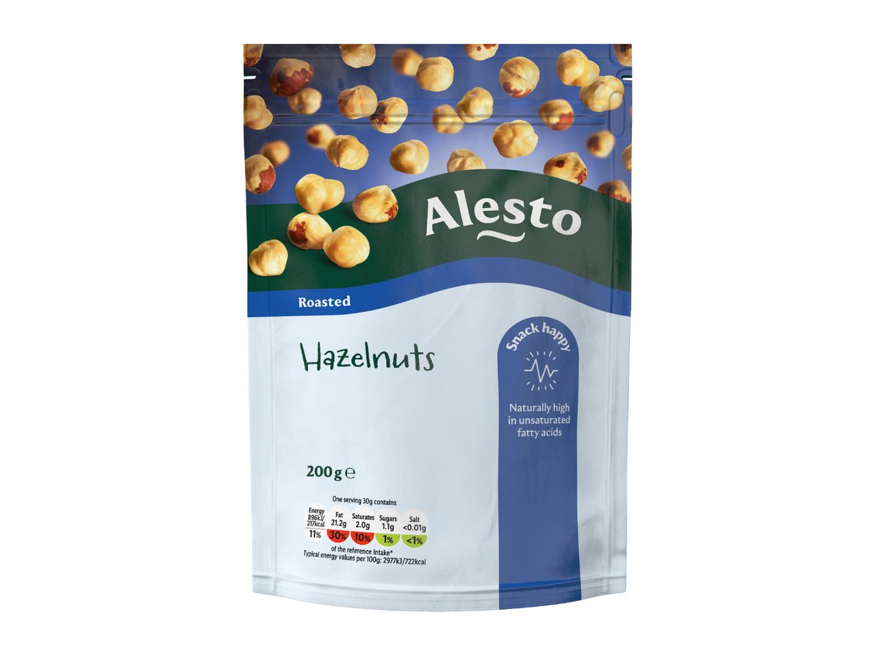 Roasted hazelnuts in a pouch, highlighting their natural unsaturated fatty acids.