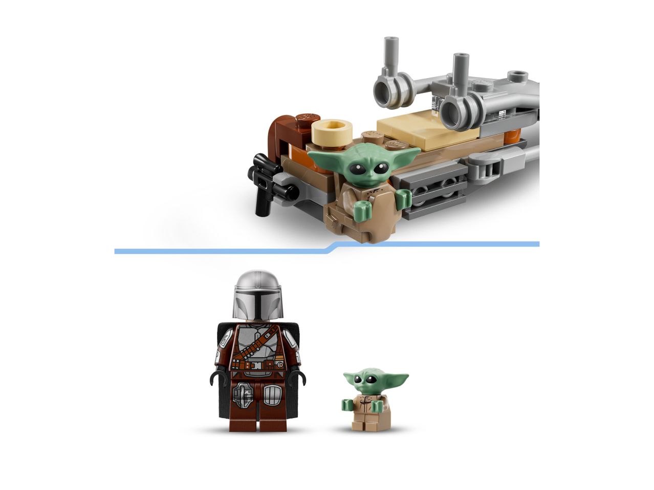 Lego set featuring a brown vehicle with a green alien figure and two minifigures: a Mandalorian and a small green alien.