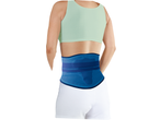 Woman wearing a light green sports bra and a blue back support belt over white shorts.