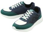 A pair of Minecraft-themed children's sneakers in navy, teal, and white.