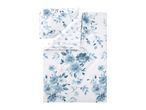 White duvet cover set with blue watercolor floral pattern, including a pillowcase.