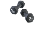 Two black Crivit dumbbells, each weighing 3 kg, are angled on a black background.