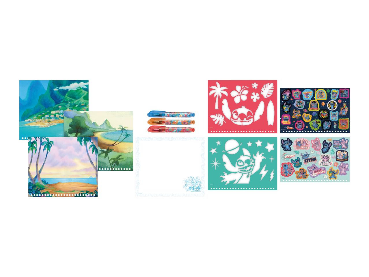 A set of stationery items featuring a blue alien character, including pens, stencils, and stickers.