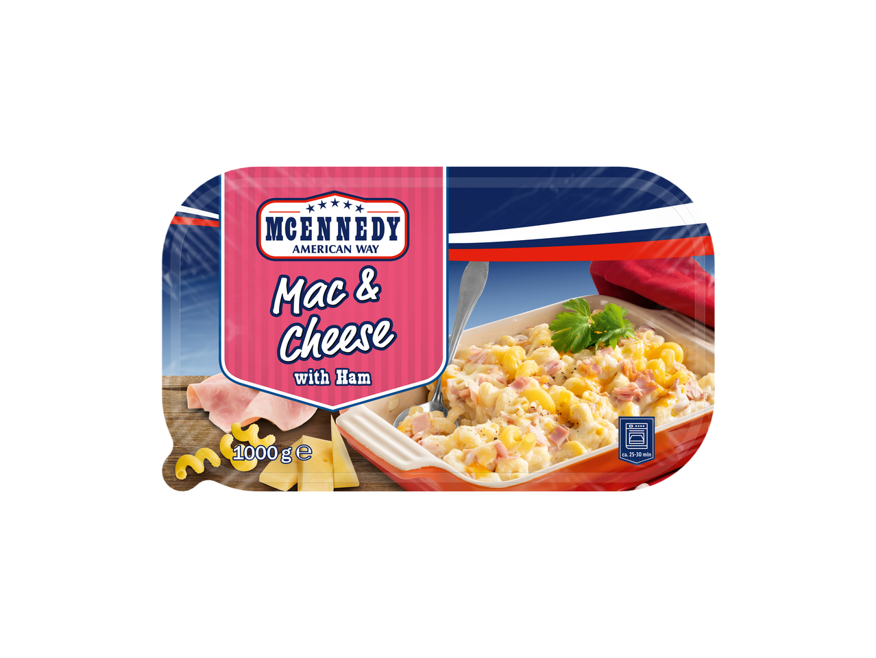 McEnnedy Mac & Cheese met ham, 1000g, in een ovenschaal, ovenklaar.