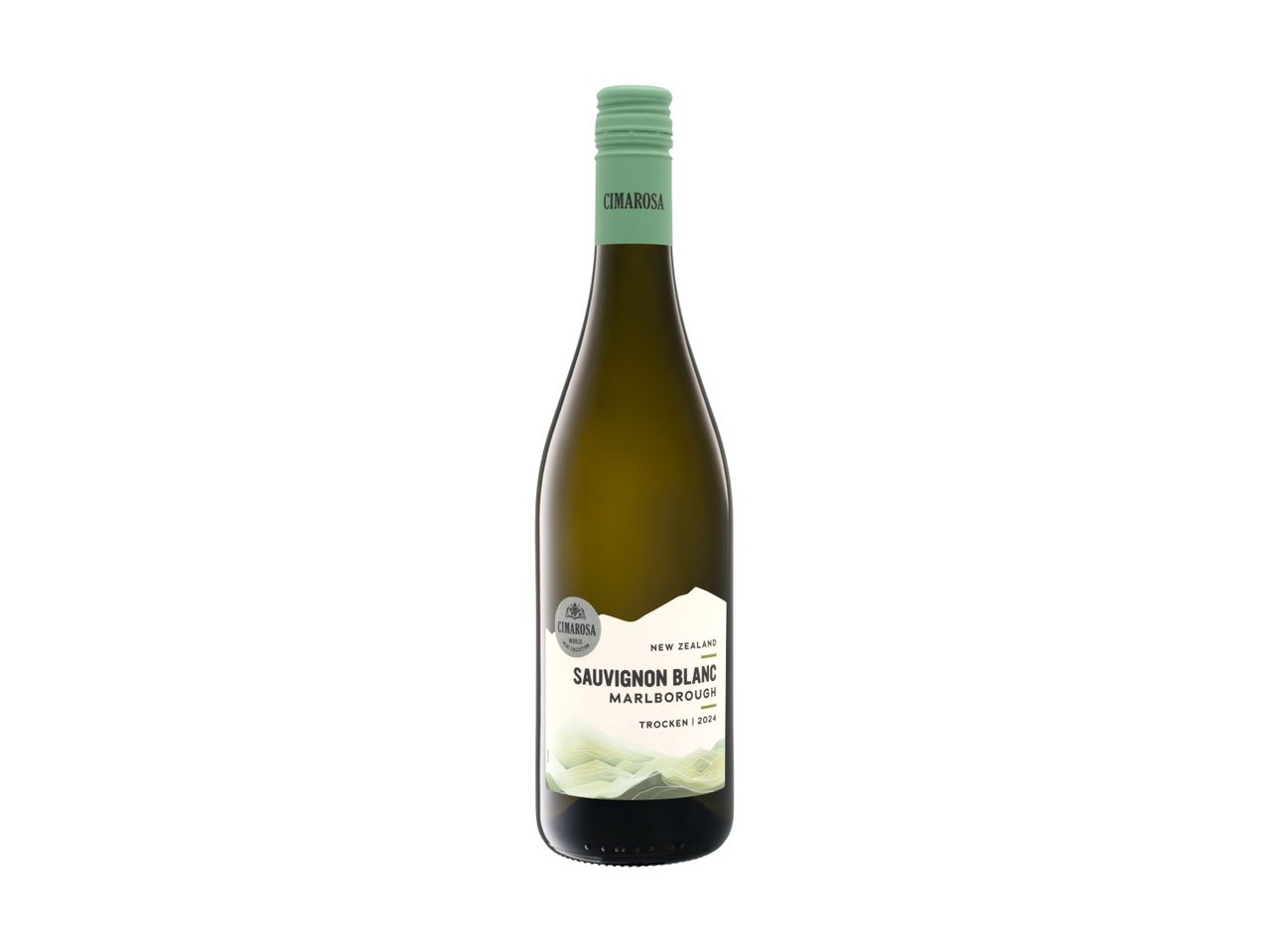 White wine bottle with a light green cap and a label featuring mountains and text.