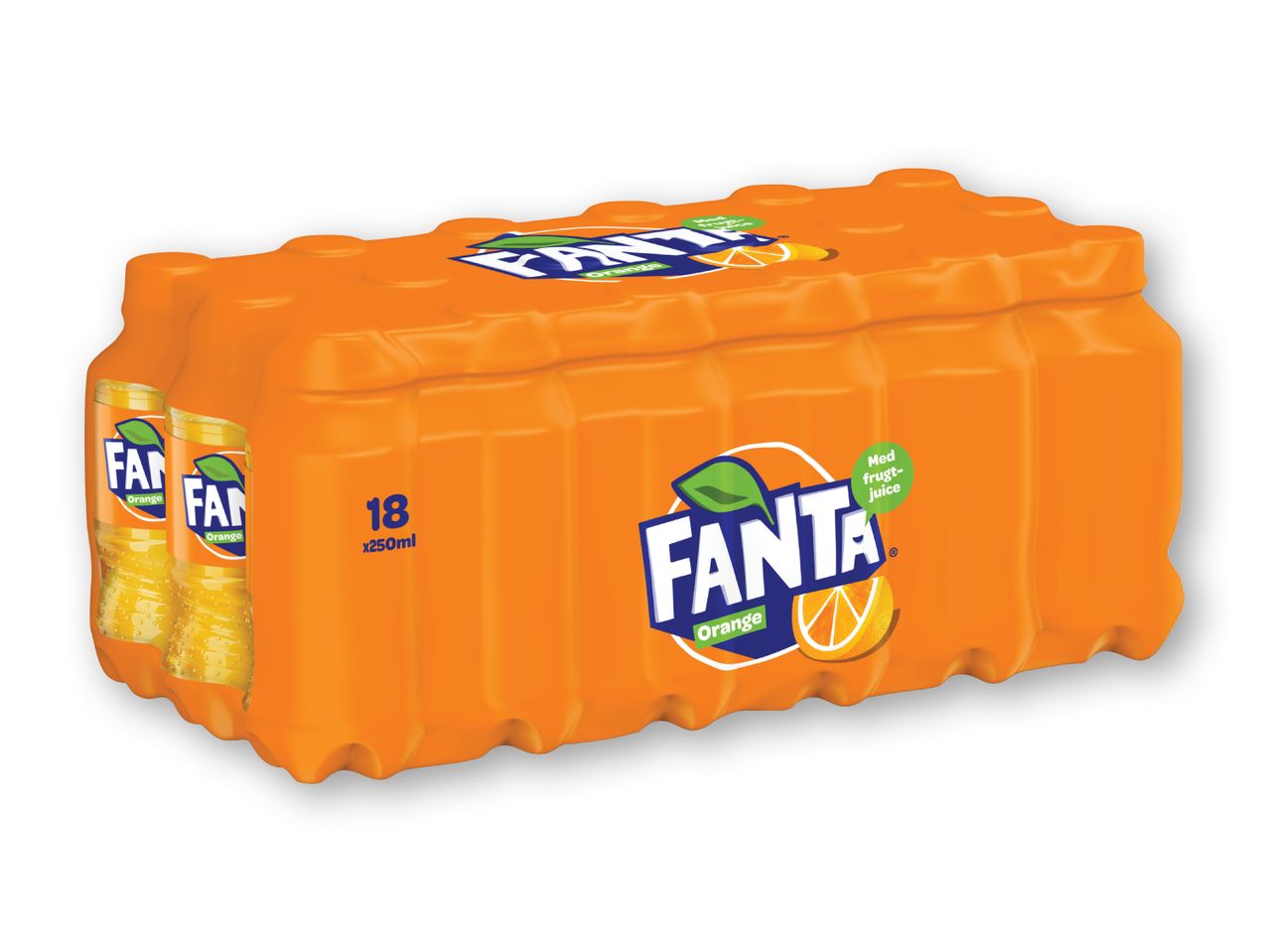 En orange Fanta-pakke med 18 flasker à 250 ml.