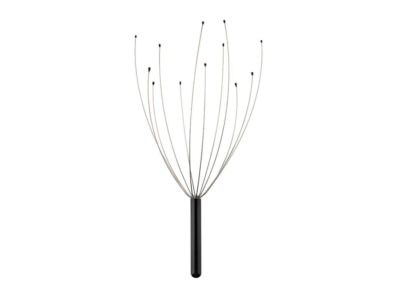 A head massager with a black handle and silver wire prongs topped with black beads.