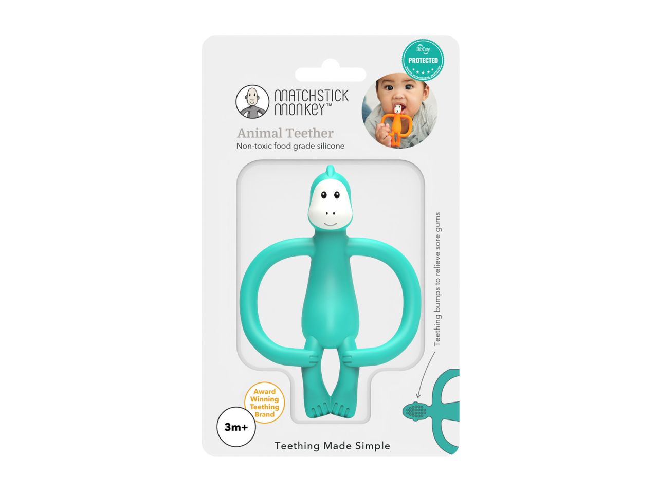 Animal teether in turquoise silicone, with a baby chewing on an orange teether in the corner.