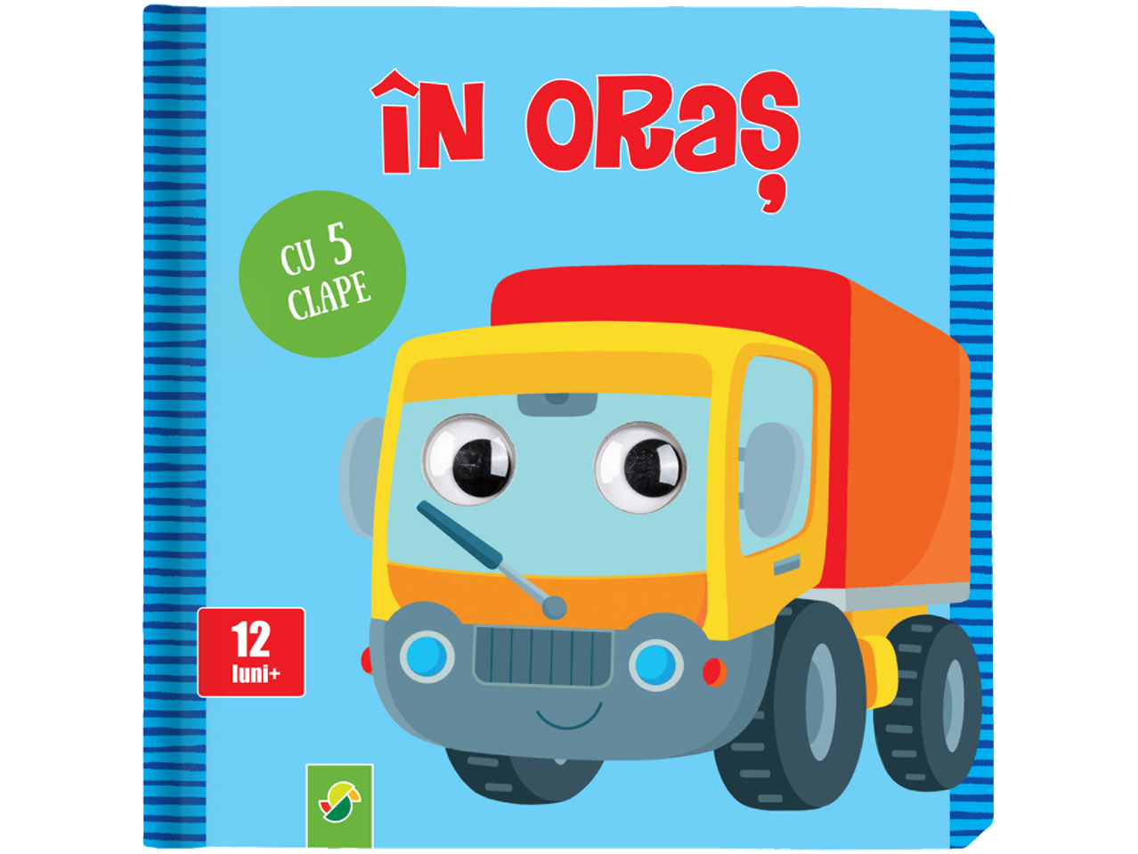 Carte pentru copii cu 5 clape, intitulată 'În Oras', cu ilustrații colorate ale unui camion.