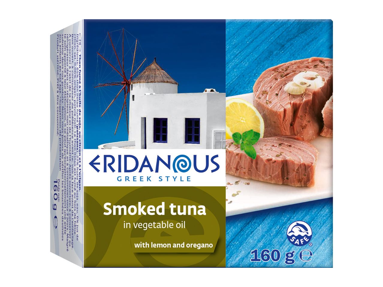 Smoked tuna in vegetable oil with lemon and oregano, 160g, with a Greek windmill.