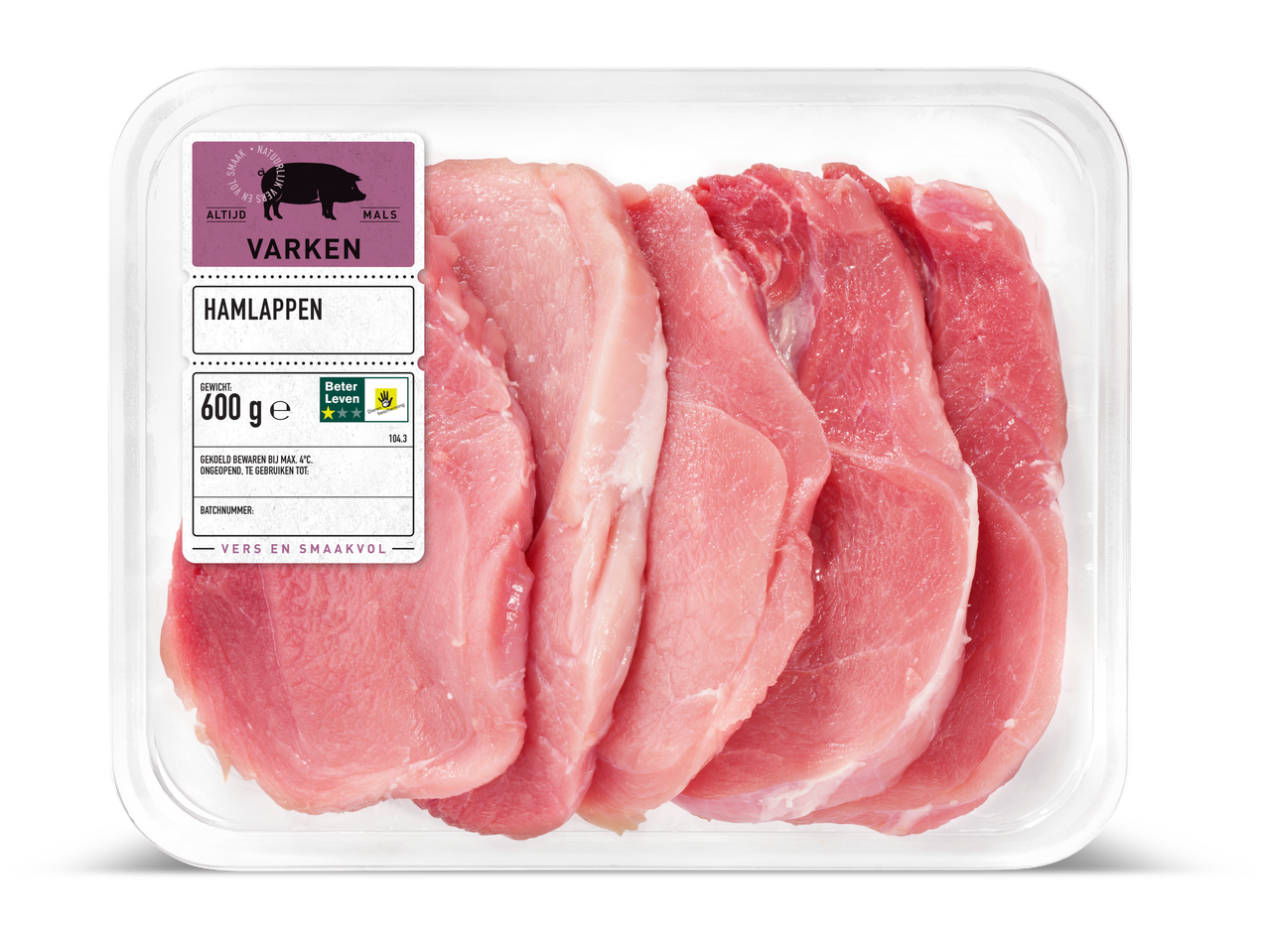 Verpakking verse varkenshamlappen met een Beter Leven keurmerk.