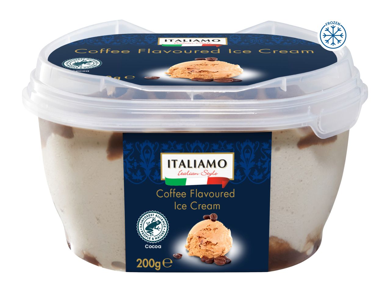 Coffee-flavoured ice cream in a clear tub with a dark blue label, 200g.
