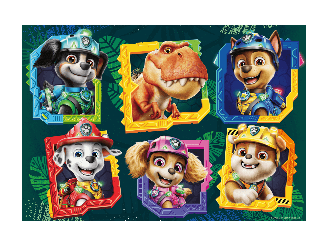 Seks Paw Patrol-figurer og en dinosaur i farverige rammer på en mørkegrøn baggrund.