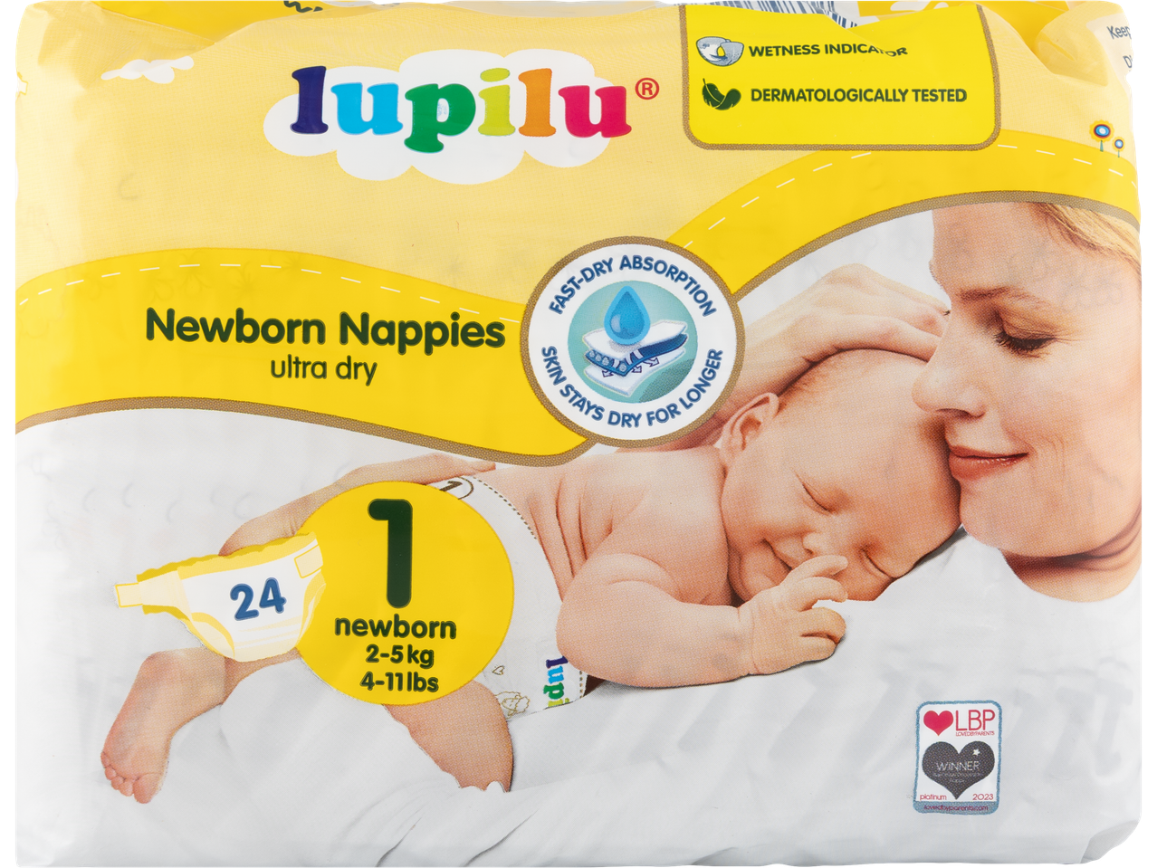 Lupilu Newborn Nappies Size 1, 2-5kg, 24 count, with wetness indicator and dermatologically tested.
