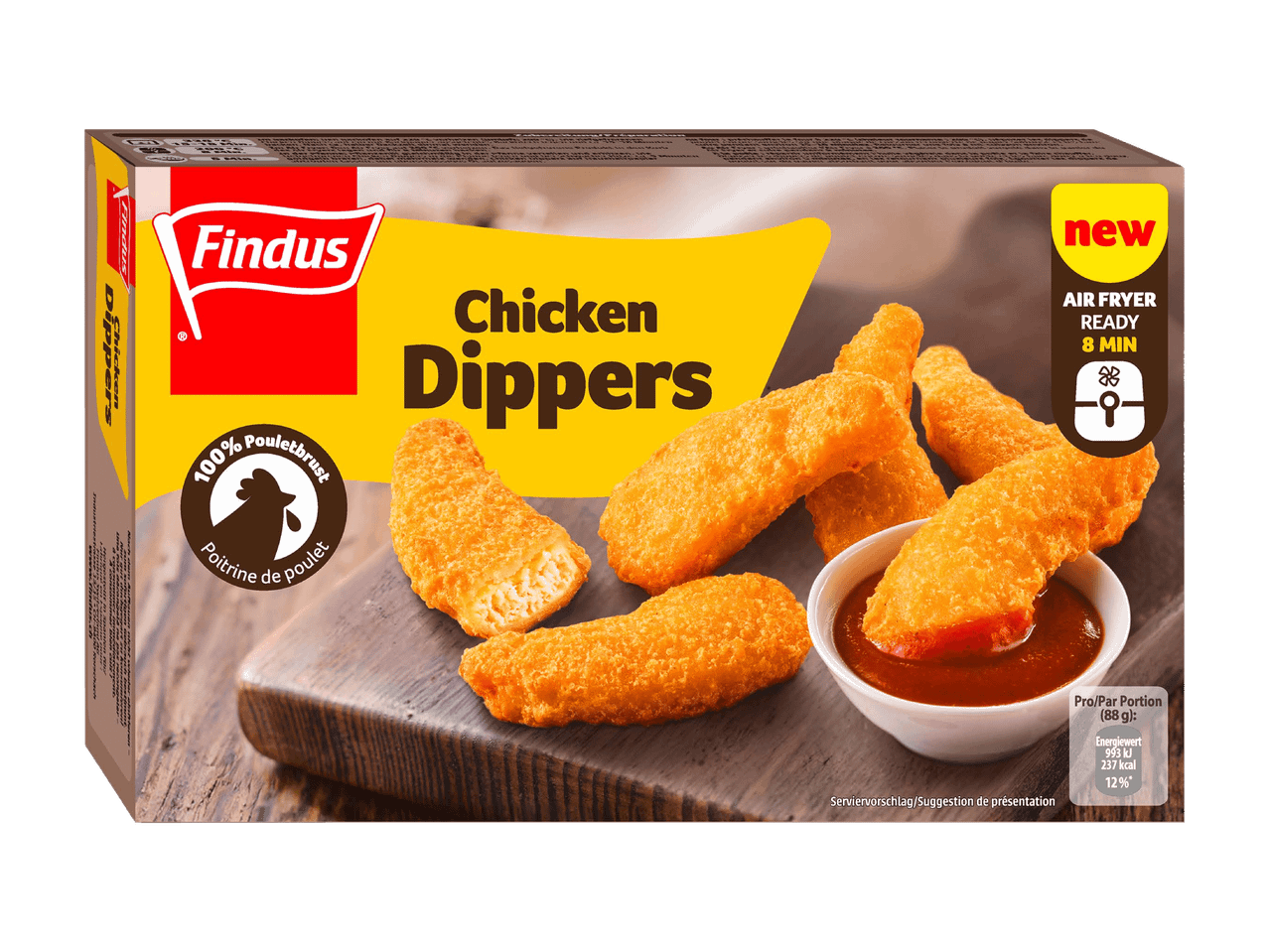 Verpackung von Chicken Dippers mit Dip, bereit für die Heißluftfritteuse in 8 Minuten.