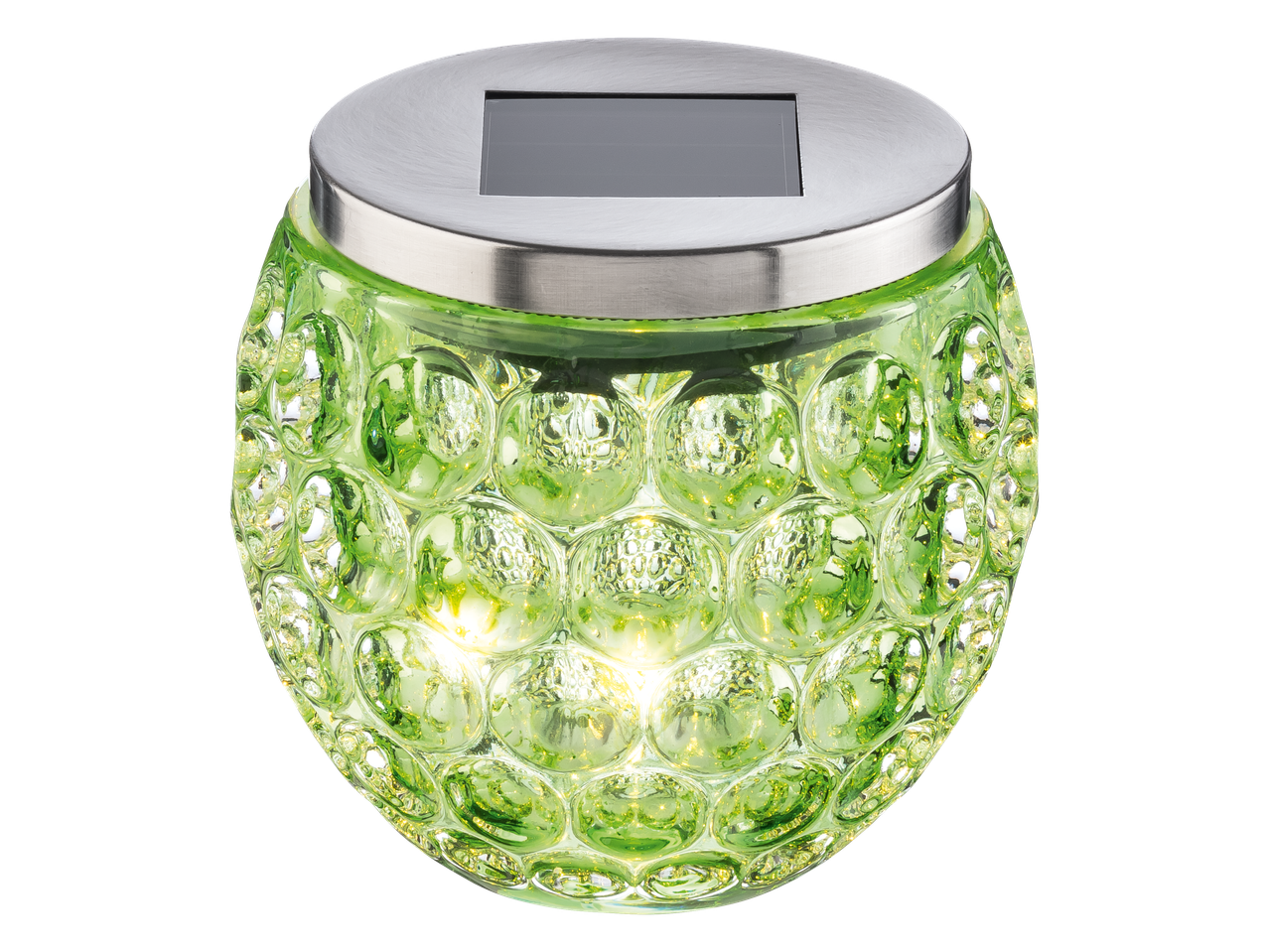 LIVARNO LED-Solarleuchte, lampă solară verde cu bule și capac metalic.