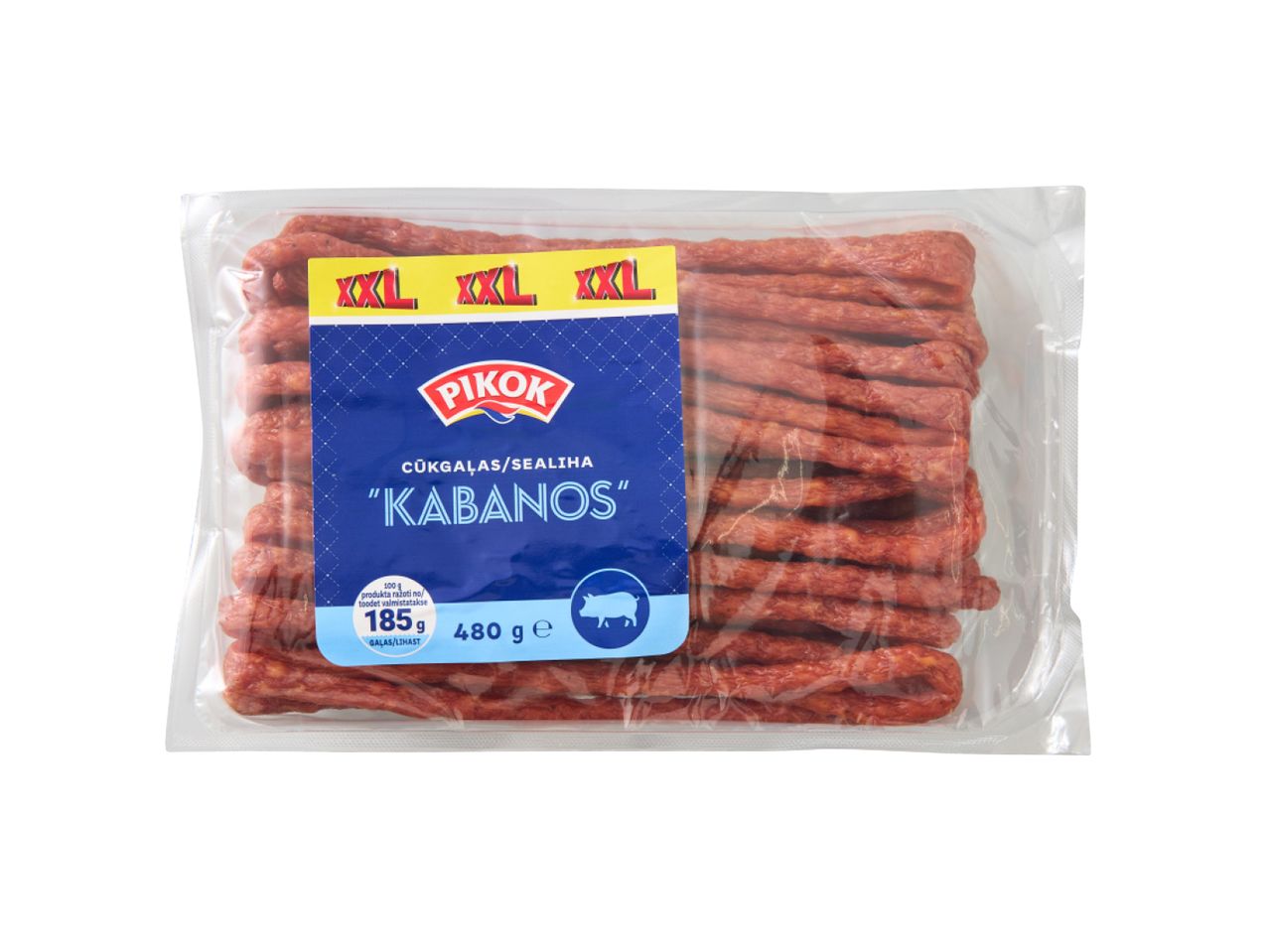 Pikok XXL kabanos desu iepakojums.