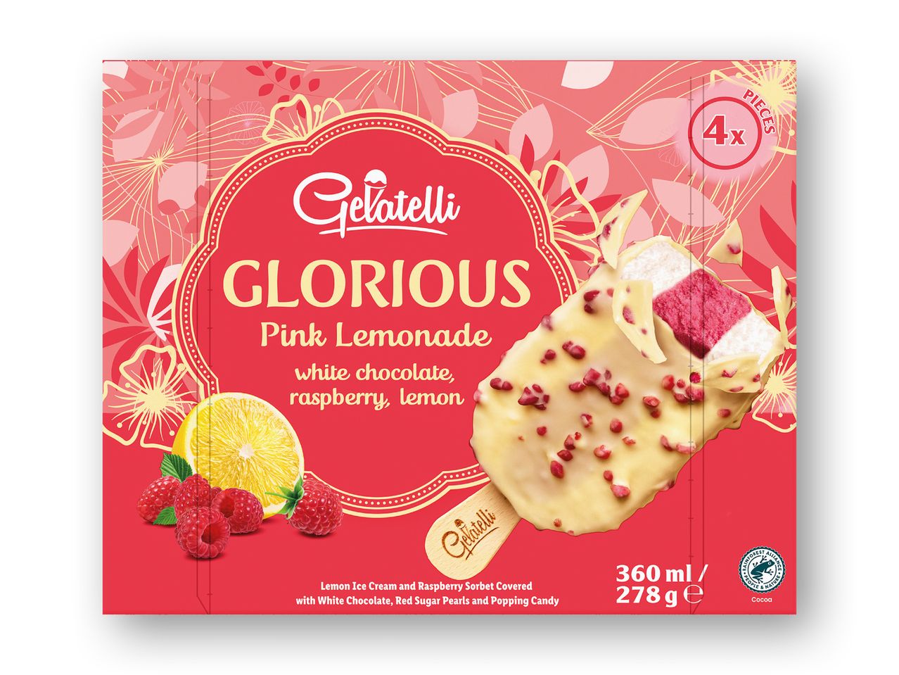 En pakke med lyserøde limonadeis med hvid chokolade, hindbær og citron.