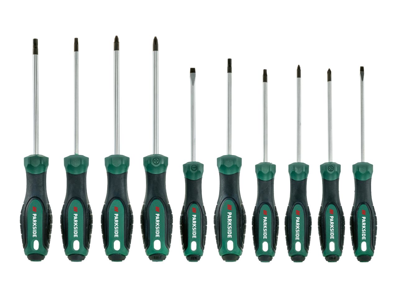 A set of ten screwdrivers with green and black handles, including various Phillips and flathead types.