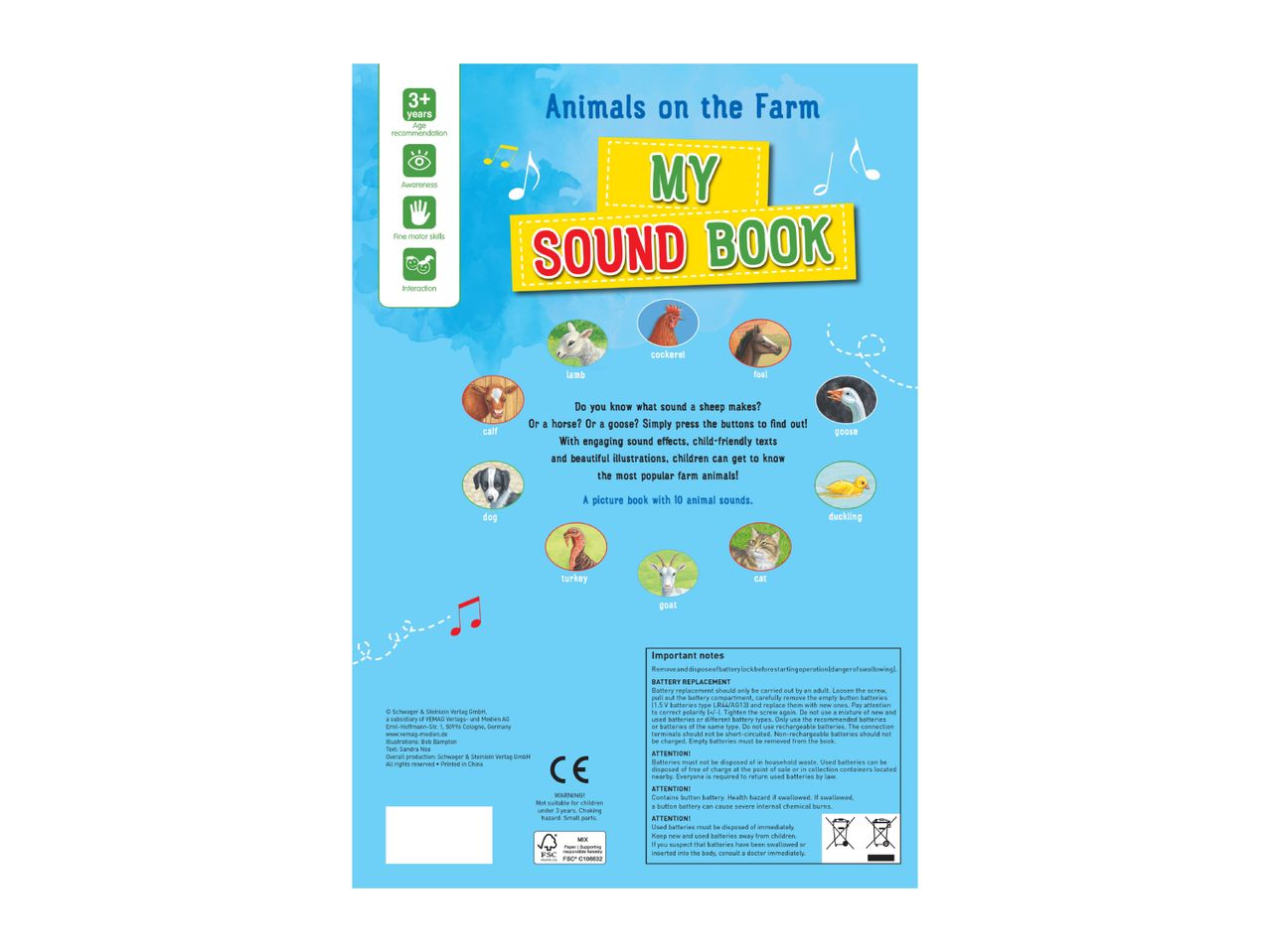 Children's sound book 'Animals on the Farm' with illustrations of farm animals and text.