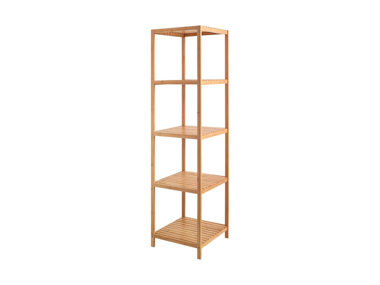 Scaffale in bambù a cinque ripiani, ideale per bagno o ripostiglio.