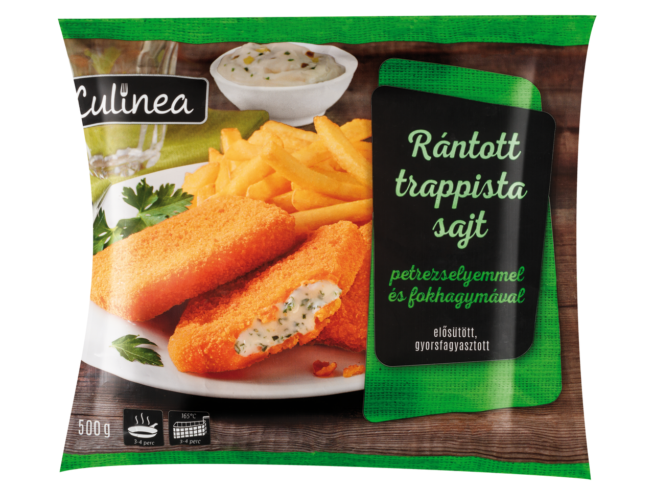 Culinea márkájú, petrezselymes-fokhagymás trappista sajt ráncigált falatok, sült krumplival és szósszal.