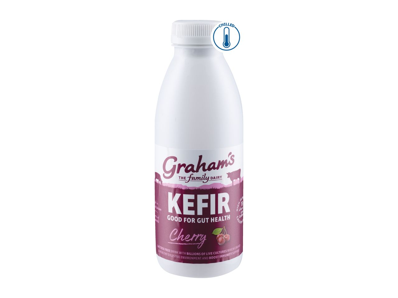 Cherry kefir drink, good for gut health, with a chilled label.