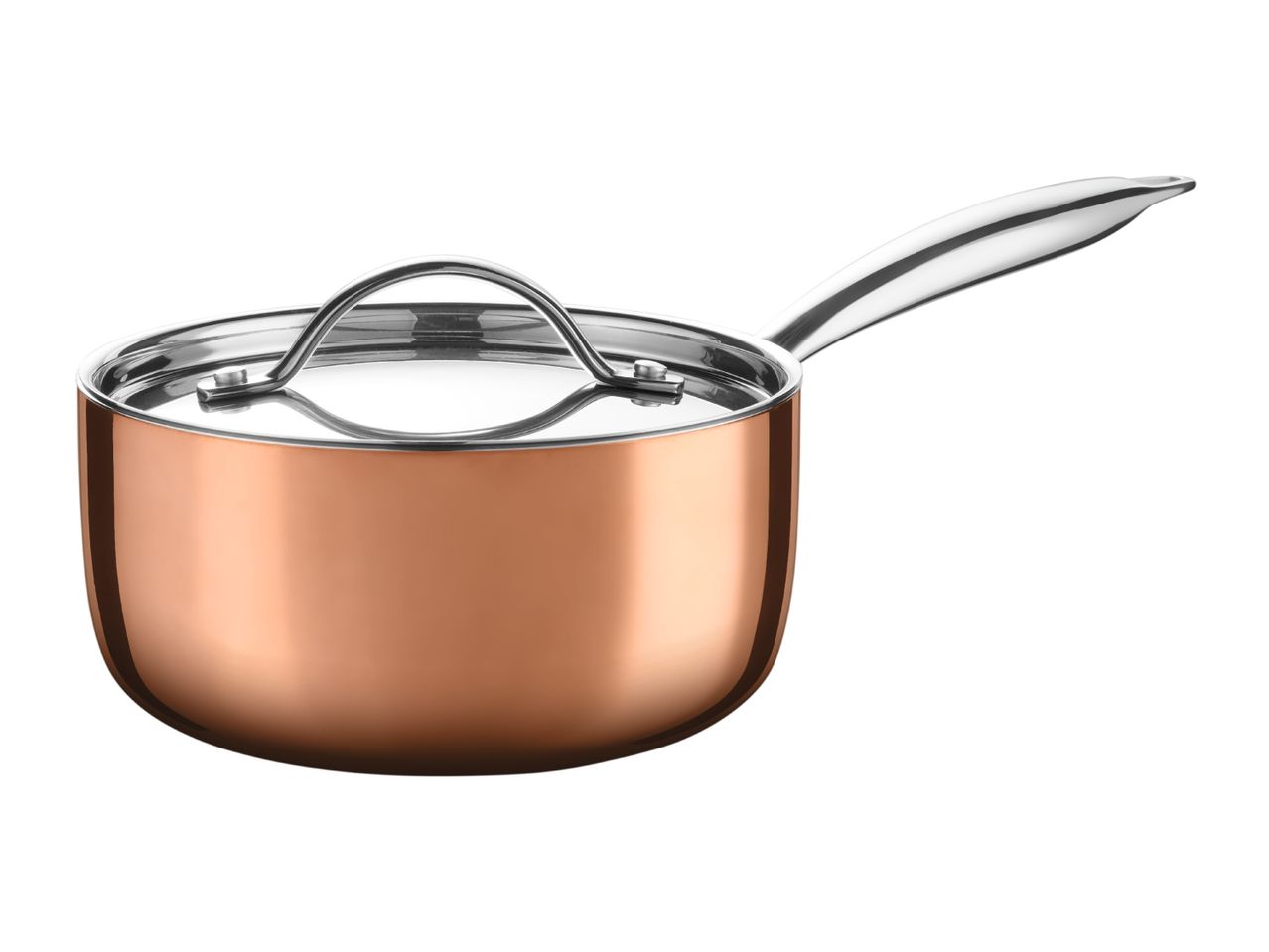 Copper saucepan with a stainless steel lid and handle