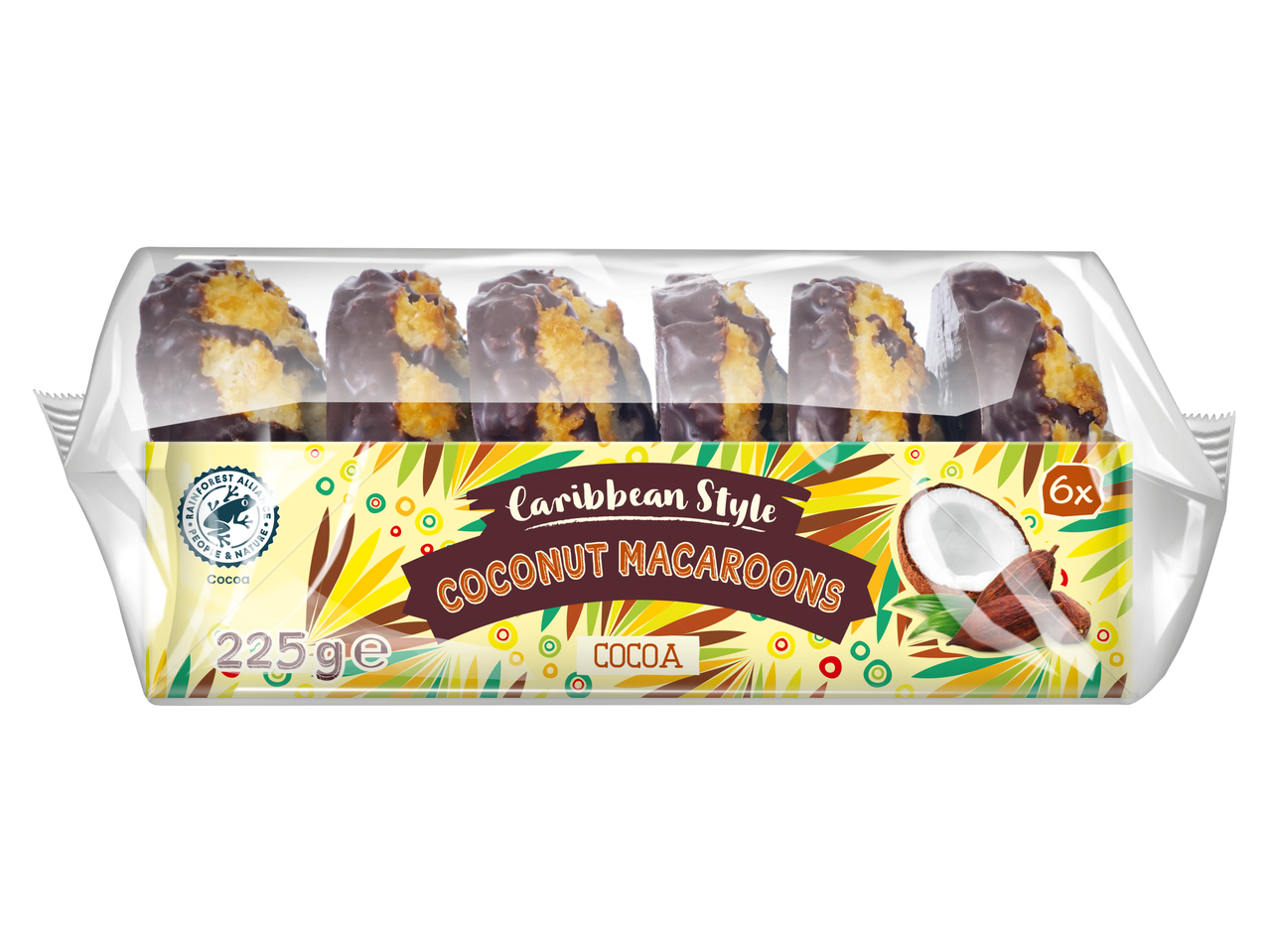 Macarons coco style Caraïbes, enrobés de cacao (225g, 6 pièces).