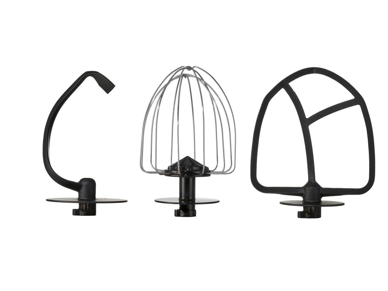 Three SILVERCREST® Stand Mixer attachments: a dough hook, a wire whisk, and a flat beater.
