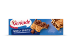 Verkade Nobo Sprits melkchocolade koekjes waarvan er één is aangebeten.