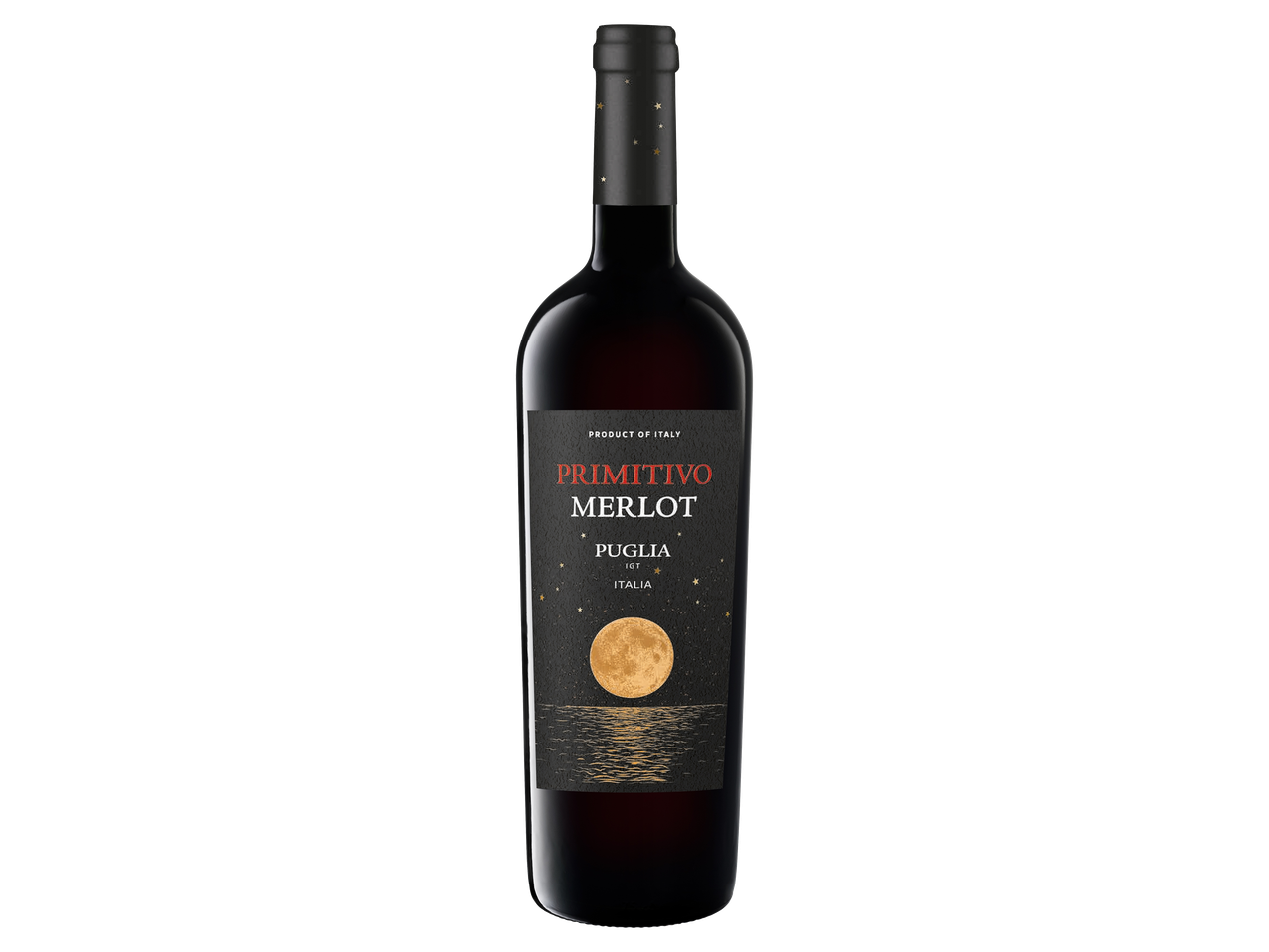Olasz Primitivo Merlot vörösbor éjszakai, holdas dizájnú palackban.