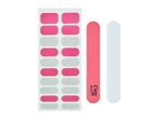 Pink and white press-on nails with a nail file and buffer.