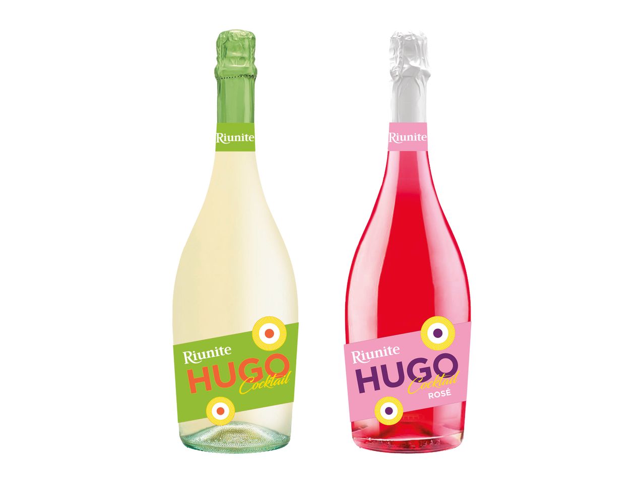 Două sticle de cocktail Hugo, una verde și una roz.