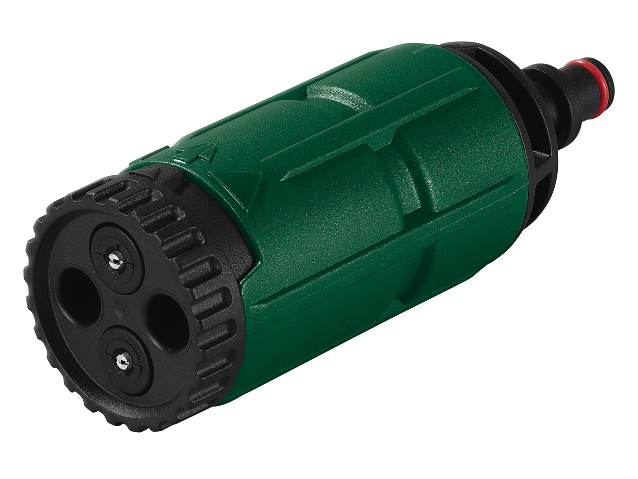 Зелен накрайник за маркуч с няколко режима на пръскане и черен конектор.